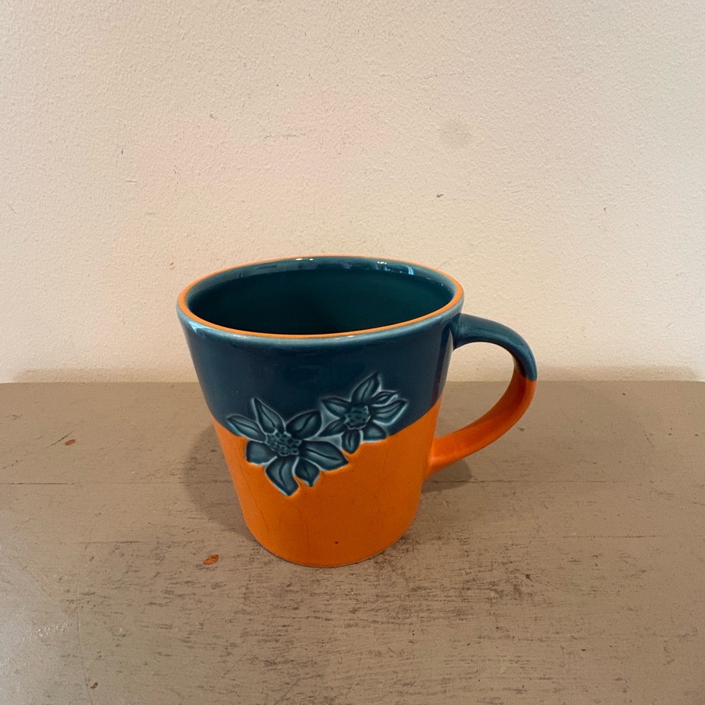 Starbucks 2006 Teal And Orange Embossed Floral Ceramic Mug